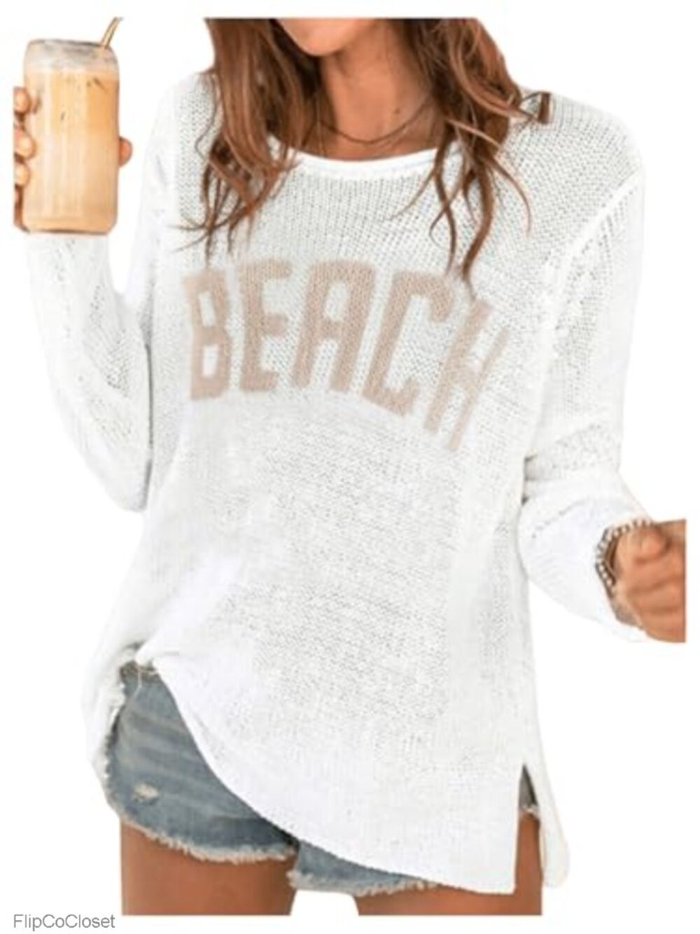 Women's Crochet Beach Cover Up Letter Print Long Sleeve Sweater